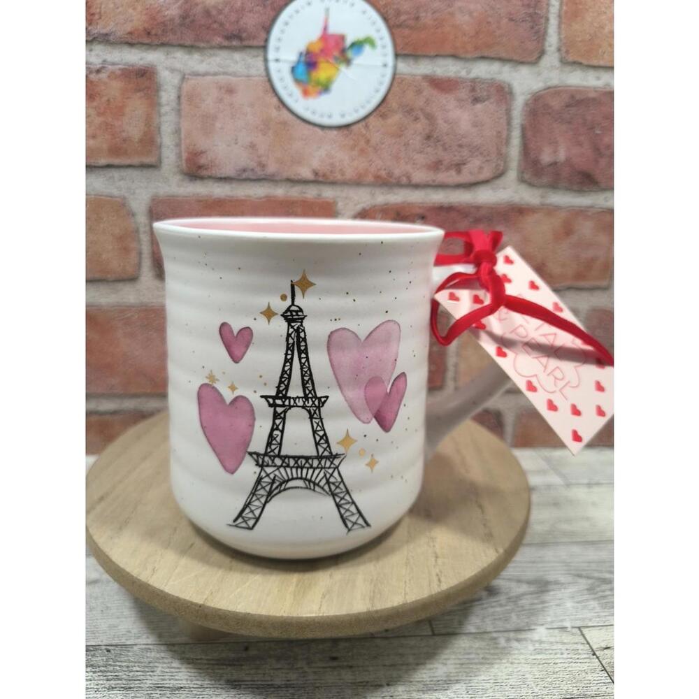 Petal & Pearls From Paris With Love Eiffel Tower With Hearts Pink White Mug NWT